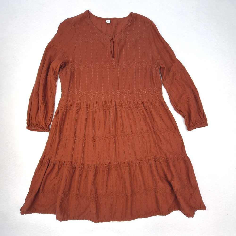 Old Navy Dress Womens Large Brown Embroidered Star Tiered Mini Long Sleeve Boho